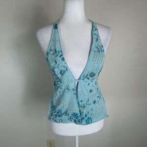 Y2K S Festival Tank Top Halter Sequin Blue Fairy Backless Butterfly Embellished